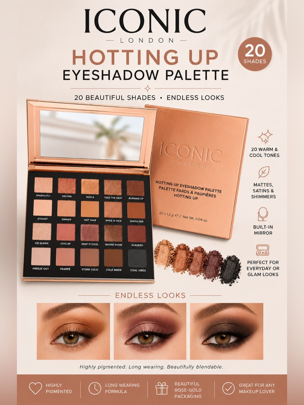 Iconic London NWOT Neutral & Warm Eyeshadow Palette - 18-Color Nude Collection